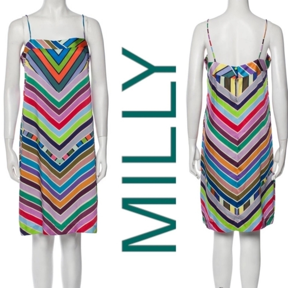 MILLY Marissa Colorful Rainbow Chevron Striped Mini Strappy Sheath Dress Sz 8